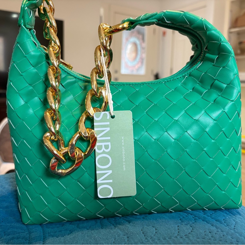 Sinbono Emerald Green Woven Shoulder Bag with Gold Chain